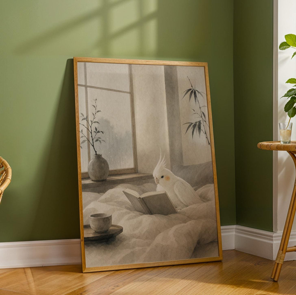 Albino Cockatiel Reading in Bed Poster | Japanese Zen Sumi-e Bird Wall Art | Warm Ivory Fog Gray Decor | Minimalist Bedroom Print