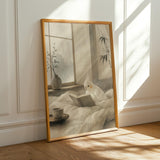 Albino Cockatiel Reading in Bed Poster | Japanese Zen Sumi-e Bird Wall Art | Warm Ivory Fog Gray Decor | Minimalist Bedroom Print
