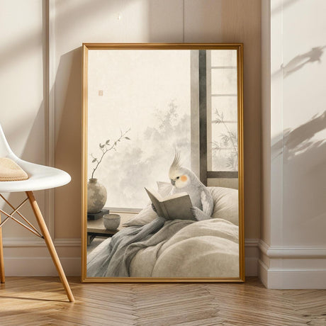 Light Silver Cockatiel Reading in Bed Poster | Japanese Zen Sumi-e Bird Wall Art | Warm Ivory Fog Gray Decor | Minimalist Bedroom Print