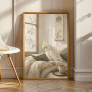 Pearl Cockatiel Reading in Bed in a japanese zen ink wash poster illustration