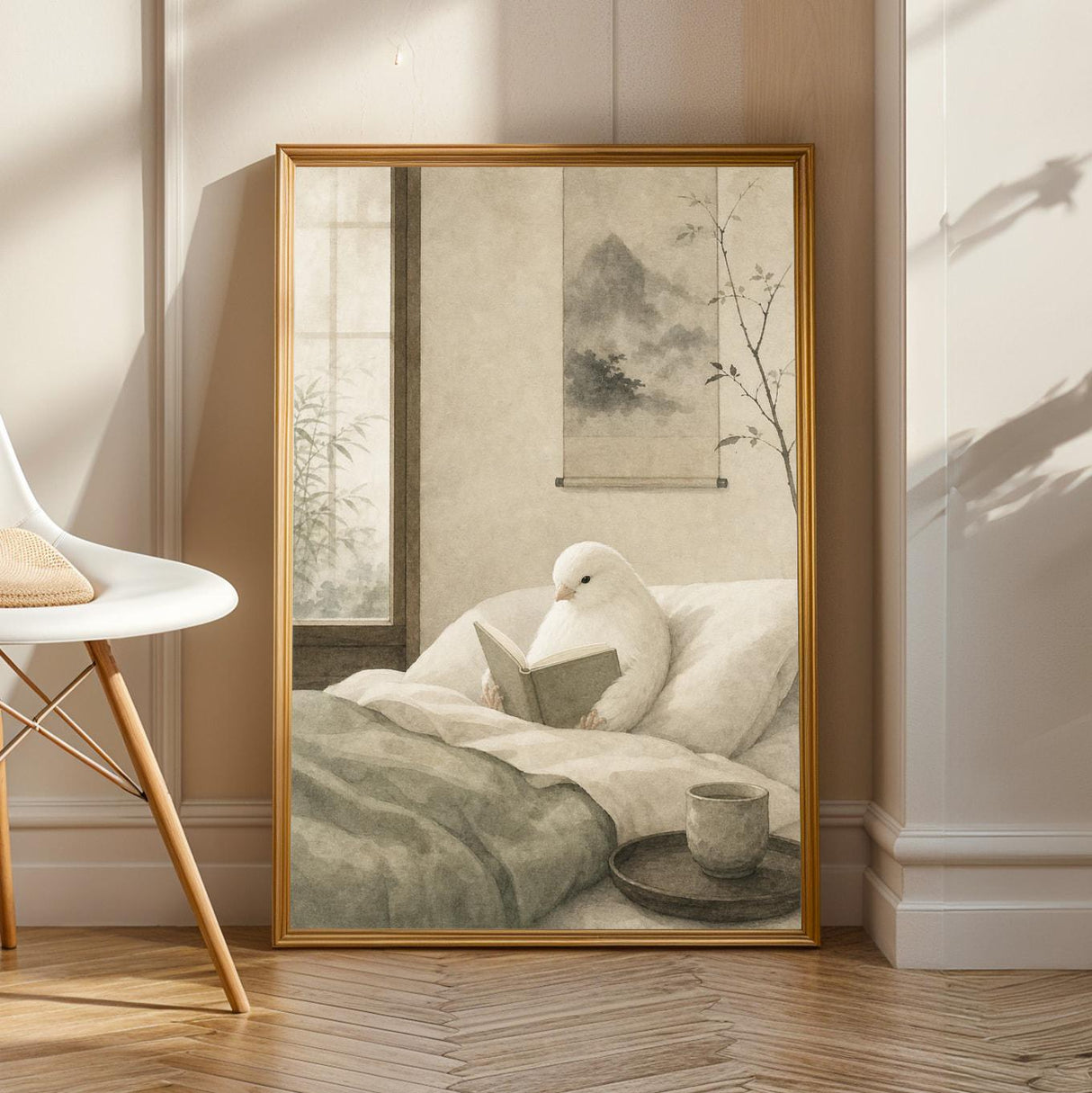 White Gloster Canary Reading in Bed Poster | Japanese Zen Sumi-e Bird Wall Art | Warm Ivory Fog Gray Decor | Minimalist Bedroom Print