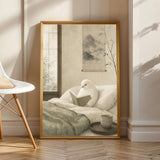 White Gloster Canary Reading in Bed Poster | Japanese Zen Sumi-e Bird Wall Art | Warm Ivory Fog Gray Decor | Minimalist Bedroom Print