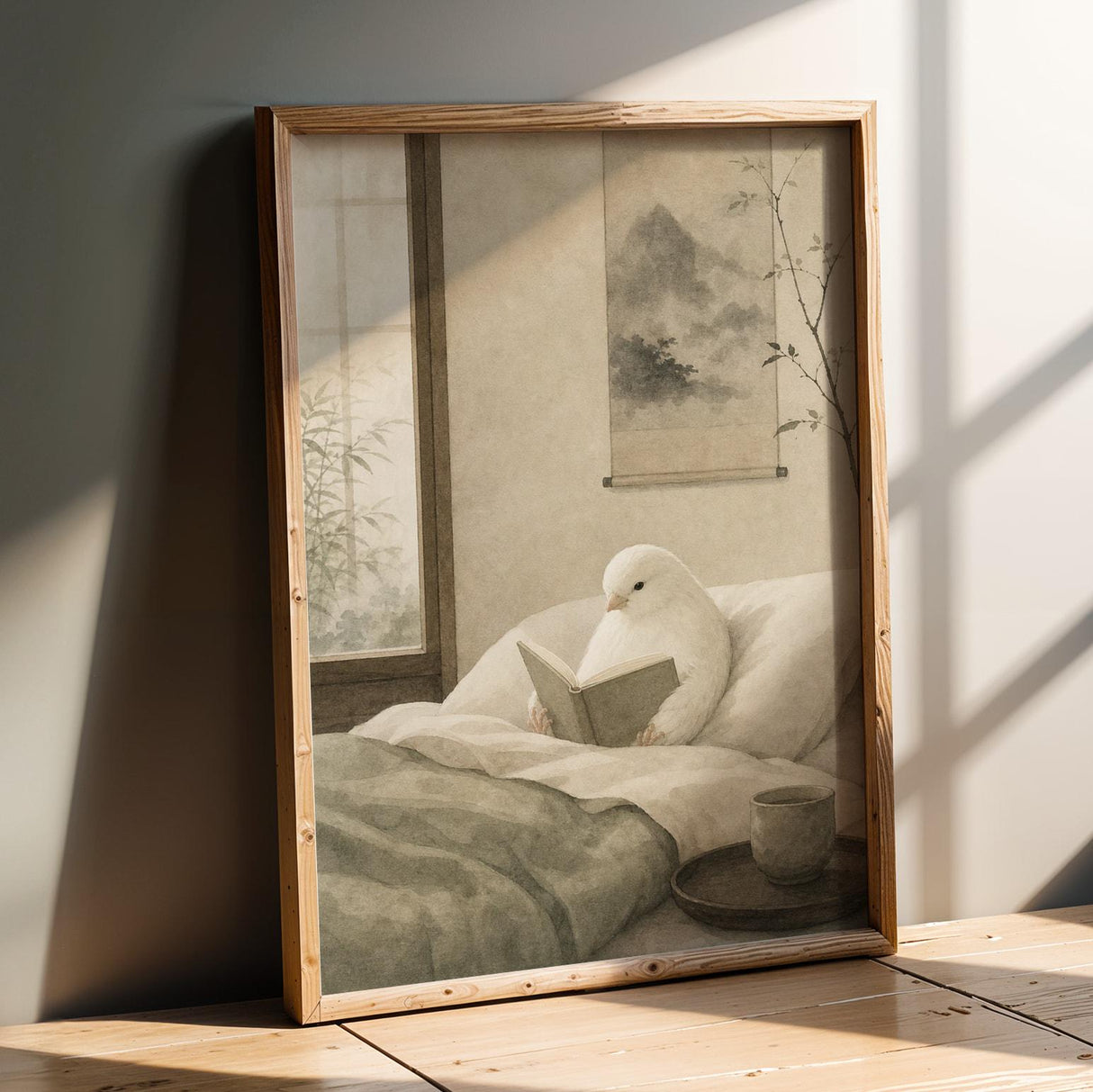 White Gloster Canary Reading in Bed Poster | Japanese Zen Sumi-e Bird Wall Art | Warm Ivory Fog Gray Decor | Minimalist Bedroom Print