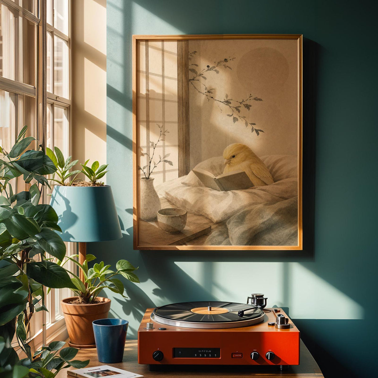 Fife Fancy Canary Reading in Bed Poster | Japanese Zen Ink Wash Bird Wall Art | Warm Ivory Fog Gray Decor | Minimalist Bedroom Print