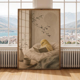 Fife Fancy Canary Reading in Bed Poster | Japanese Zen Ink Wash Bird Wall Art | Warm Ivory Fog Gray Decor | Minimalist Bedroom Print