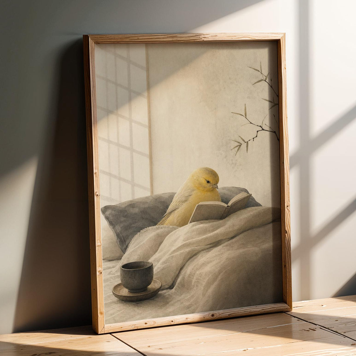 Roller Canary Reading in Bed Poster | Japanese Zen Sumi-e Bird Wall Art | Warm Ivory Neutral Decor | Minimalist Living Room Print