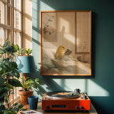 American Singer Canary Reading in Bed Poster | Japanese Zen Sumi-e Bird Wall Art | Warm Ivory Fog Gray Decor | Minimalist Bedroom Print