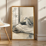 Silver Lizard Canary Reading in Bed Poster | Japanese Zen Sumi-e Bird Wall Art | Warm Ivory Fog Gray Decor | Minimalist Bedroom Print