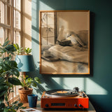 Silver Lizard Canary Reading in Bed Poster | Japanese Zen Sumi-e Bird Wall Art | Warm Ivory Fog Gray Decor | Minimalist Bedroom Print