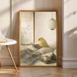 Gloster Canary Reading in Bed Poster | Japanese Zen Sumi-e Bird Wall Art | Warm Ivory Mustard Decor | Minimalist Bedroom Print