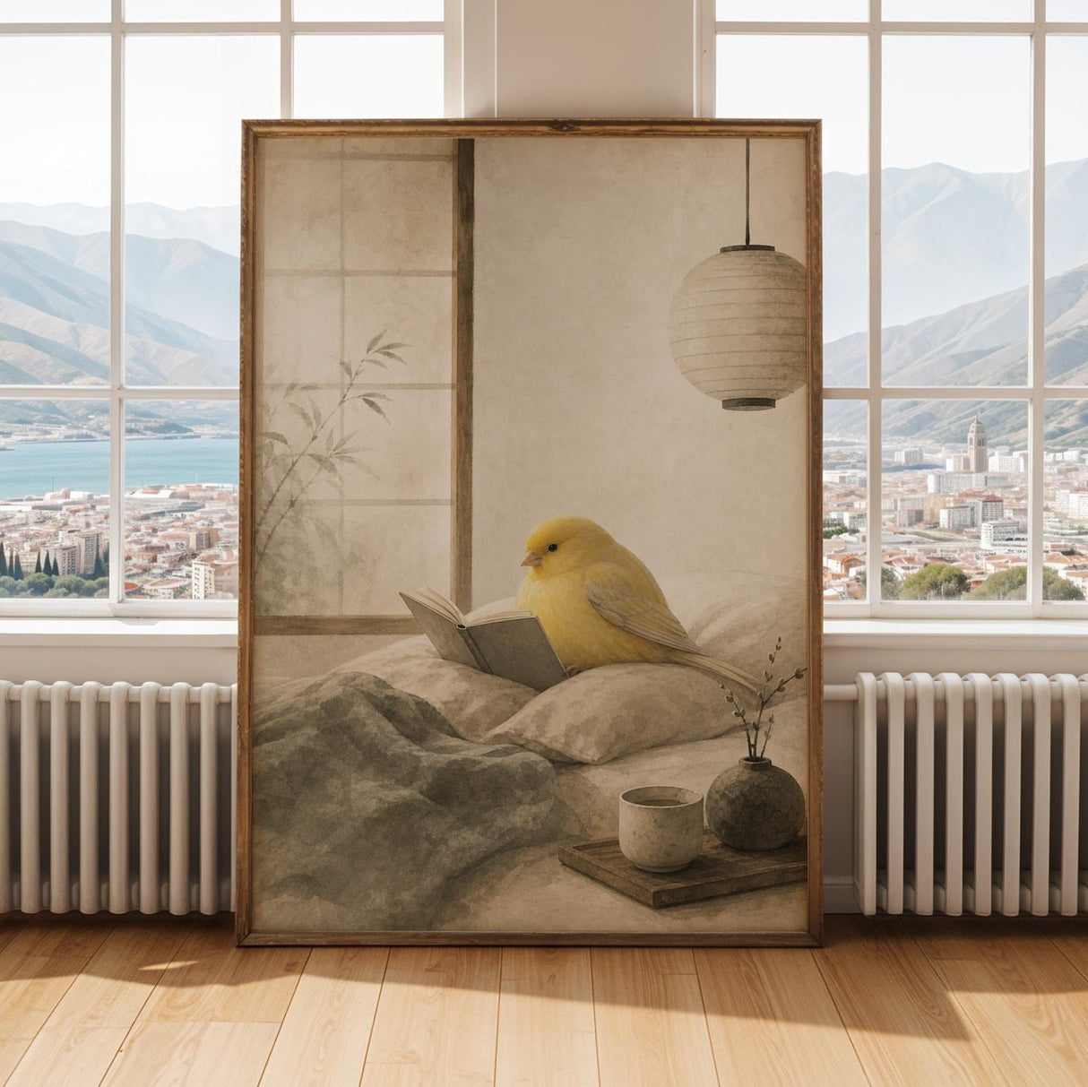 Gloster Canary Reading in Bed Poster | Japanese Zen Sumi-e Bird Wall Art | Warm Ivory Mustard Decor | Minimalist Bedroom Print