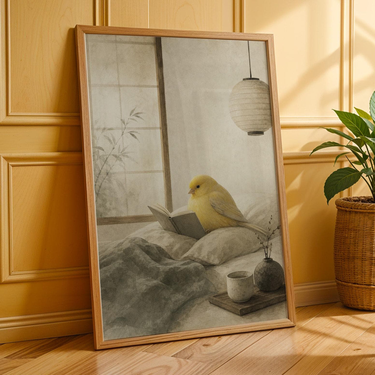 Gloster Canary Reading in Bed Poster | Japanese Zen Sumi-e Bird Wall Art | Warm Ivory Mustard Decor | Minimalist Bedroom Print