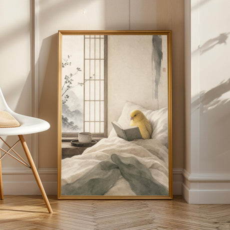 Waterslager Canary Reading in Bed Poster | Japanese Zen Sumi-e Bird Wall Art | Warm Ivory Fog Gray Decor | Minimalist Bedroom Print