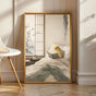 Waterslager Canary Reading in Bed Poster | Japanese Zen Sumi-e Bird Wall Art | Warm Ivory Fog Gray Decor | Minimalist Bedroom Print