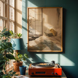Waterslager Canary Reading in Bed Poster | Japanese Zen Sumi-e Bird Wall Art | Warm Ivory Fog Gray Decor | Minimalist Bedroom Print