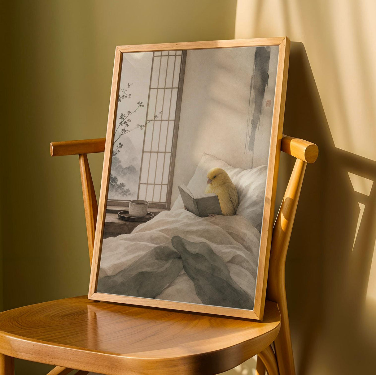Waterslager Canary Reading in Bed Poster | Japanese Zen Sumi-e Bird Wall Art | Warm Ivory Fog Gray Decor | Minimalist Bedroom Print