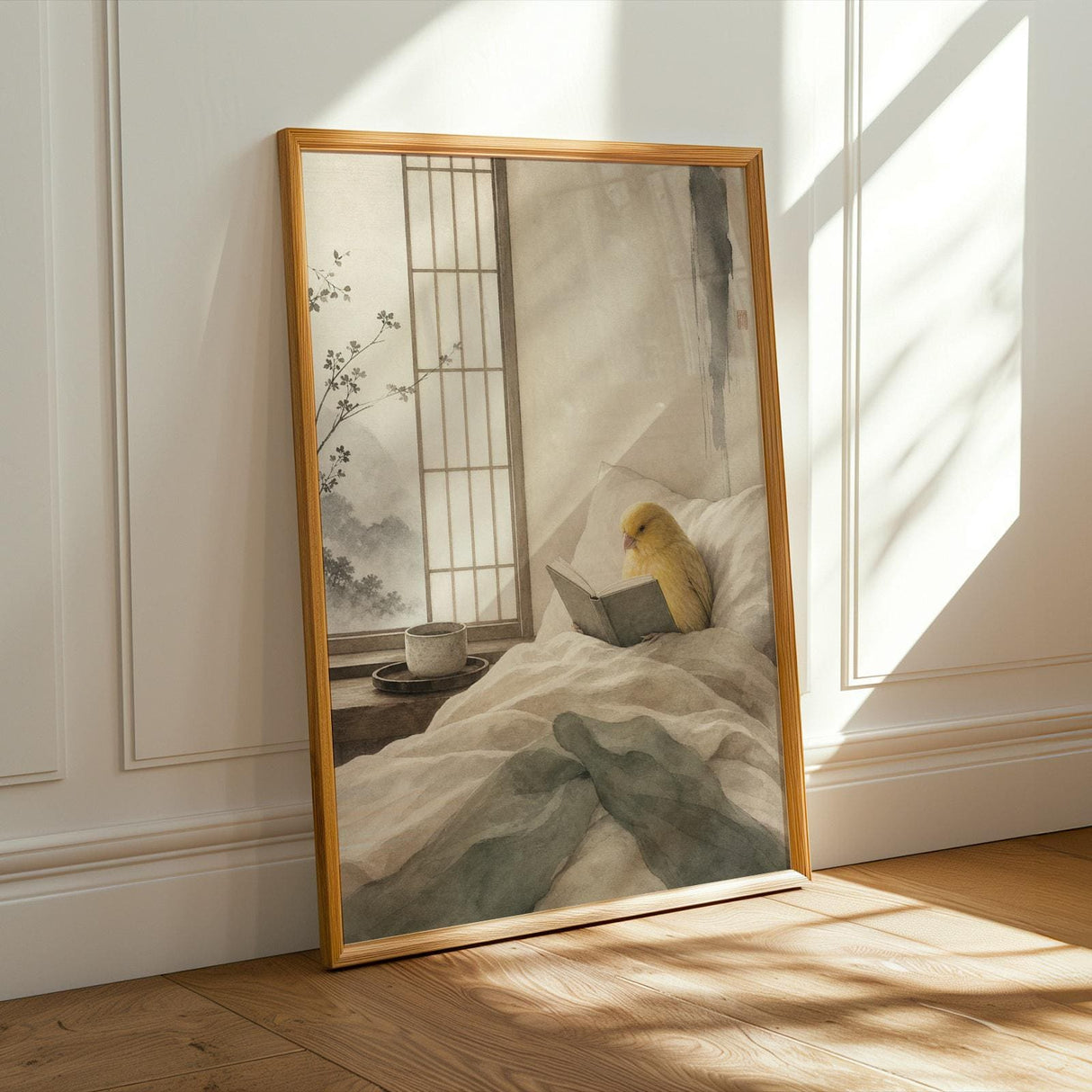 Waterslager Canary Reading in Bed Poster | Japanese Zen Sumi-e Bird Wall Art | Warm Ivory Fog Gray Decor | Minimalist Bedroom Print