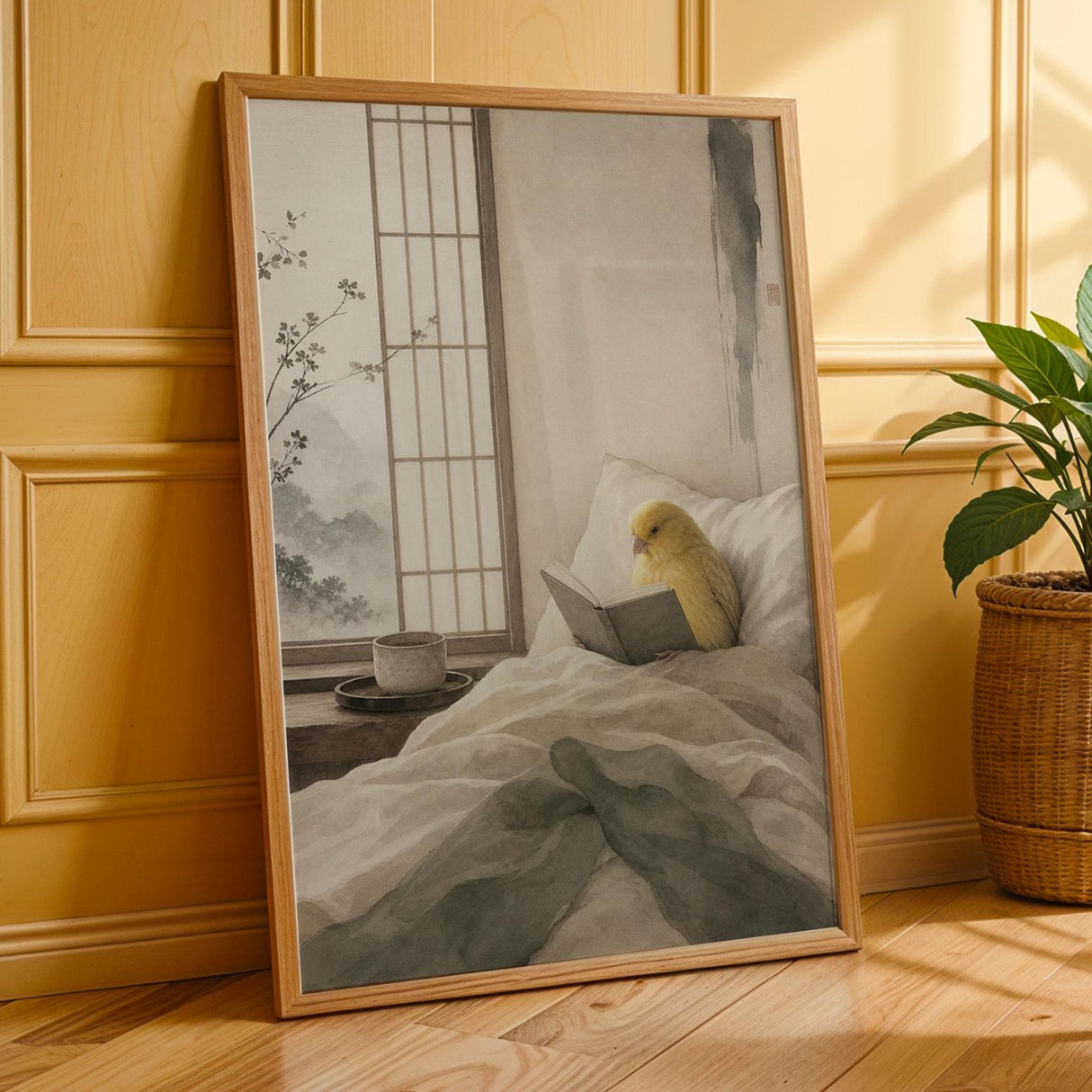 Waterslager Canary Reading in Bed Poster | Japanese Zen Sumi-e Bird Wall Art | Warm Ivory Fog Gray Decor | Minimalist Bedroom Print