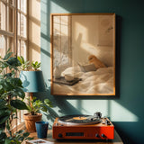 Cinnamon Canary Reading in Bed Poster | Japanese Zen Sumi-e Bird Wall Art | Warm Ivory Neutral Decor | Minimalist Bedroom Print