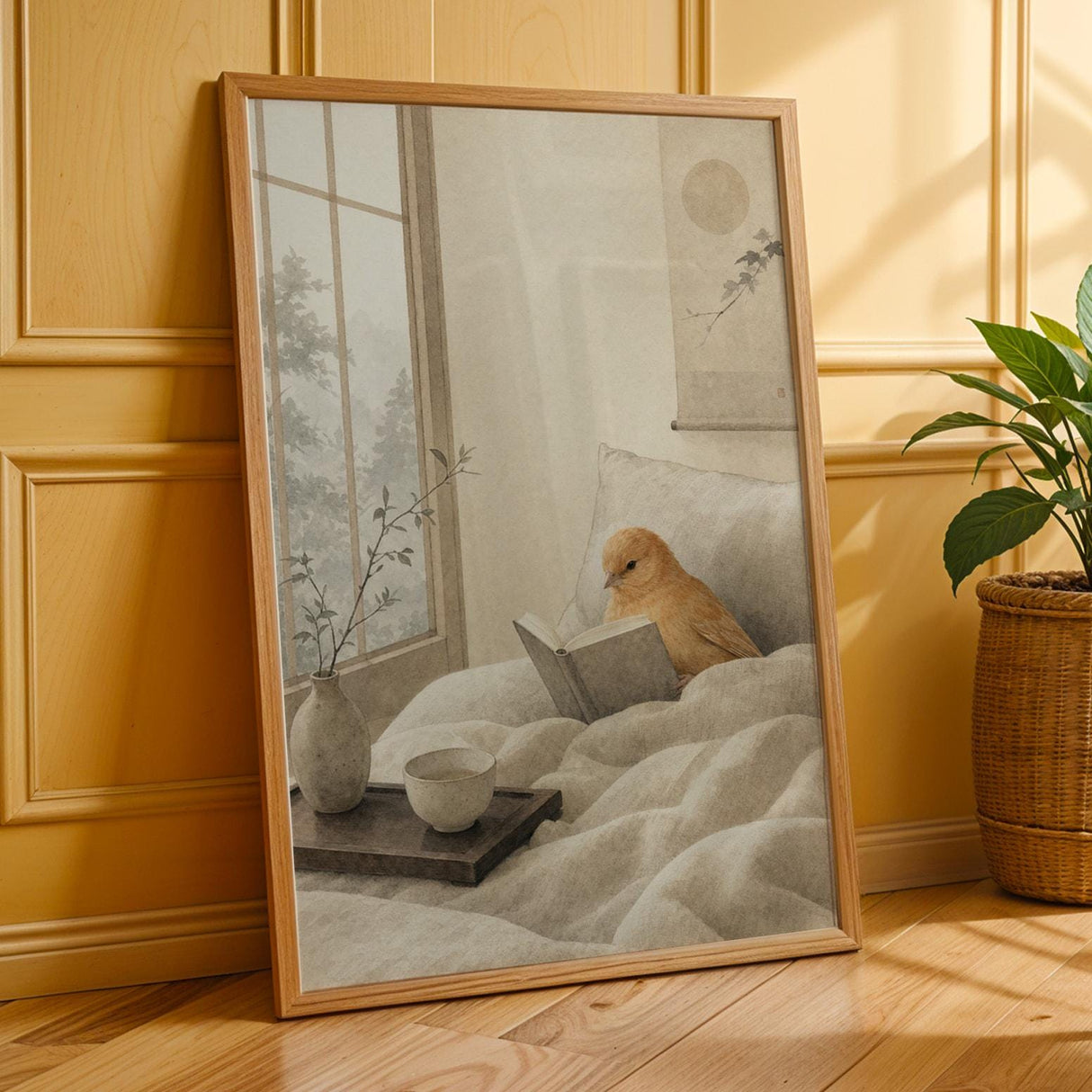 Cinnamon Canary Reading in Bed Poster | Japanese Zen Sumi-e Bird Wall Art | Warm Ivory Neutral Decor | Minimalist Bedroom Print