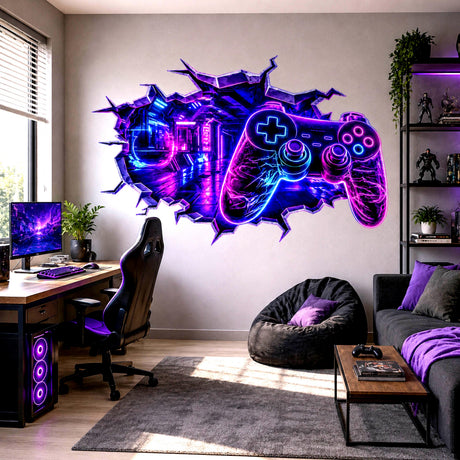 3D broken wall vinyl decal with a glowing neon game controller in purple and blue, revealing a futuristic arcade tunnel background.