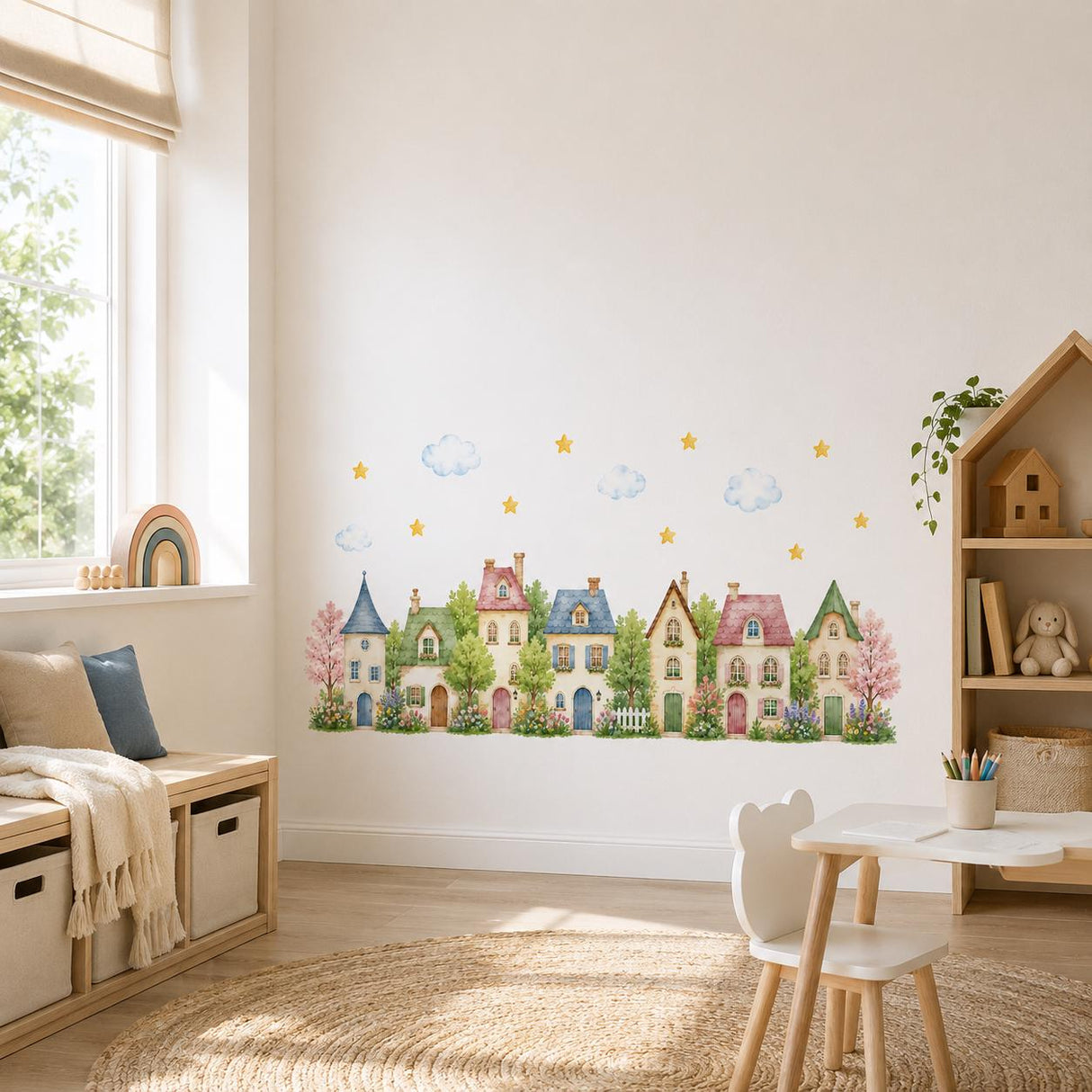 Watercolor Village Houses Wall Vinyl Decal | Cute Cottage Town Sticker | Nursery Kids Room Wall Art | Pastel Home Street Decor
