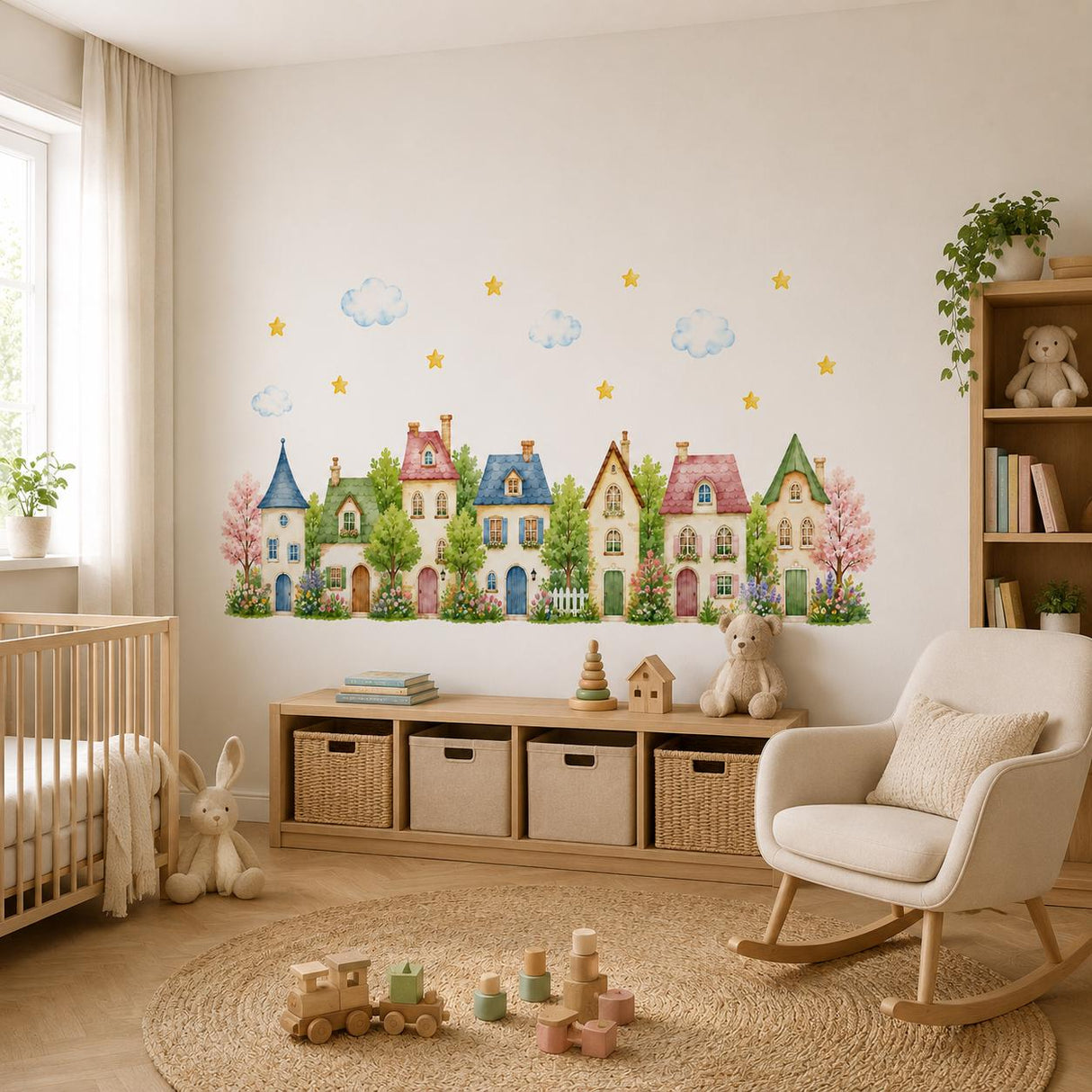 Watercolor Village Houses Wall Vinyl Decal | Cute Cottage Town Sticker | Nursery Kids Room Wall Art | Pastel Home Street Decor