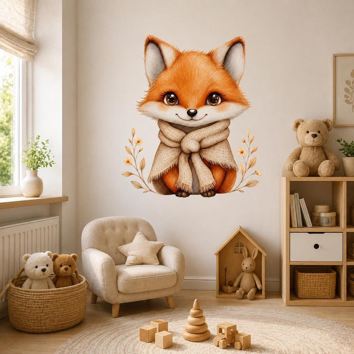 Cute Fox Wall Vinyl Decal | Watercolor Baby Fox Sticker With Scarf | Woodland Nursery Wall Art | Kids Room Cottage Boho Decor