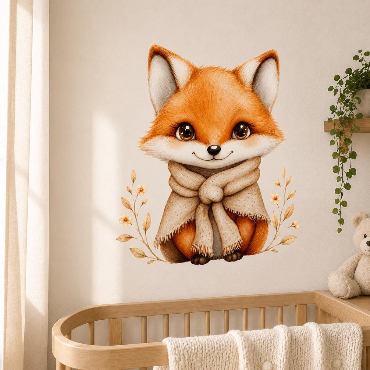 Cute Fox Wall Vinyl Decal | Watercolor Baby Fox Sticker With Scarf | Woodland Nursery Wall Art | Kids Room Cottage Boho Decor