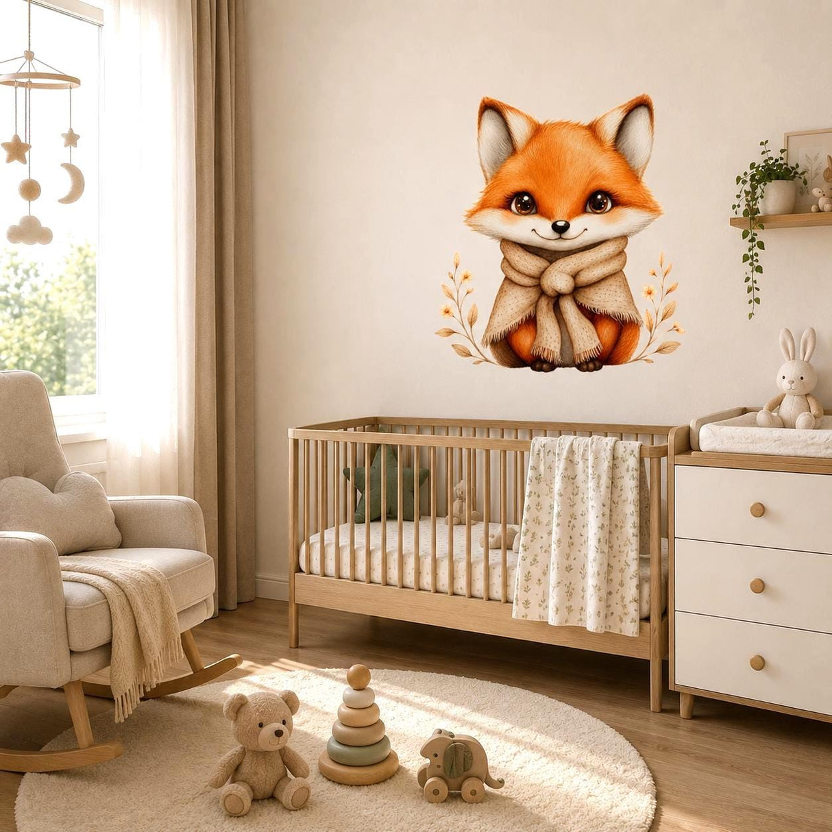 Cute Fox Wall Vinyl Decal | Watercolor Baby Fox Sticker With Scarf | Woodland Nursery Wall Art | Kids Room Cottage Boho Decor