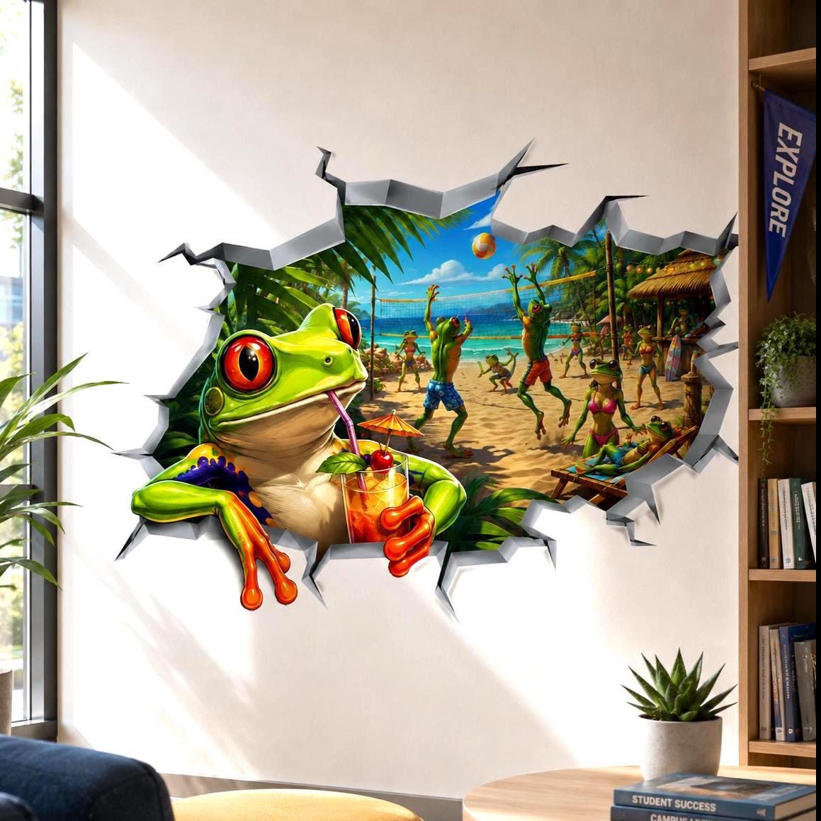 3D broken wall vinyl decal showing a weird frog drinking a cocktail in the foreground with frogs playing beach volleyball in a tropical scene.