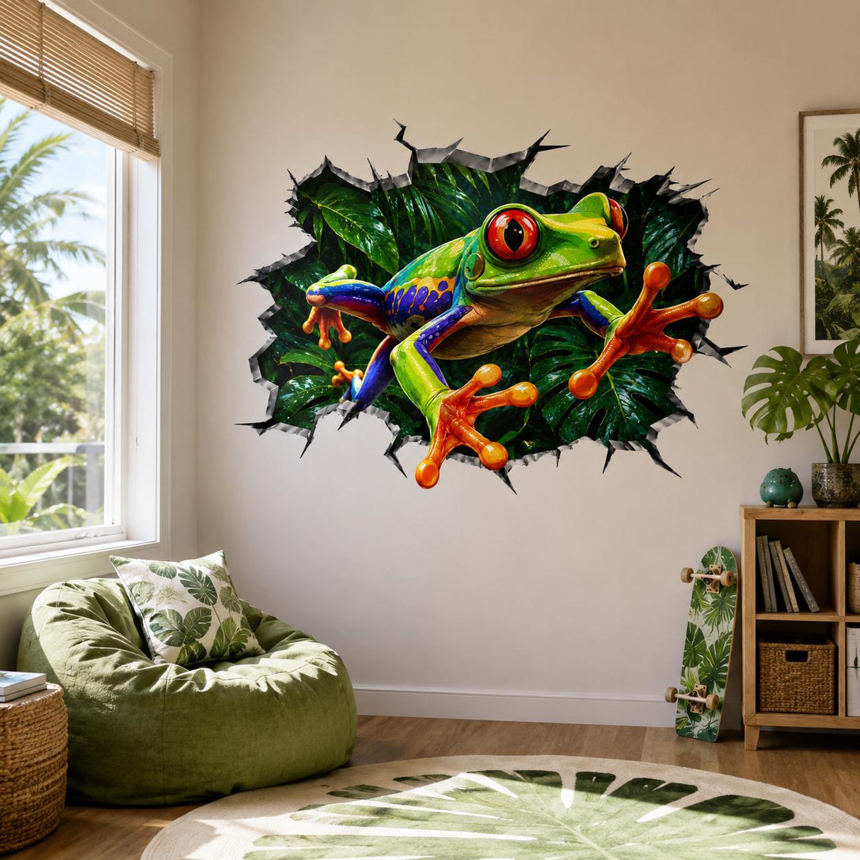 Weird Frog Wall Vinyl Decal | Broken Wall Illusion Sticker | Colorful Jungle Tree Frog Wall Art | Funny Tropical Room Decor