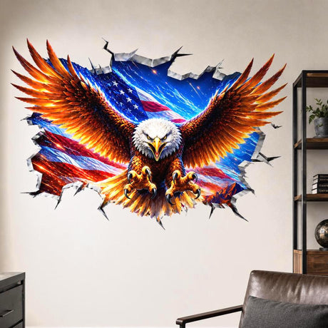 3D broken wall vinyl decal of a bald eagle with wings spread in front of an American flag background, creating a bold patriotic wall art illusion.