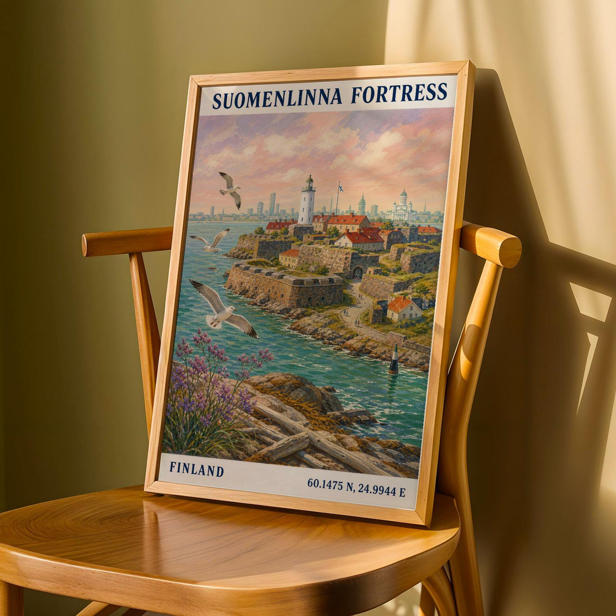 Suomenlinna Fortress Art Print - Modern Gouache, Teal and Turquoise Seascape