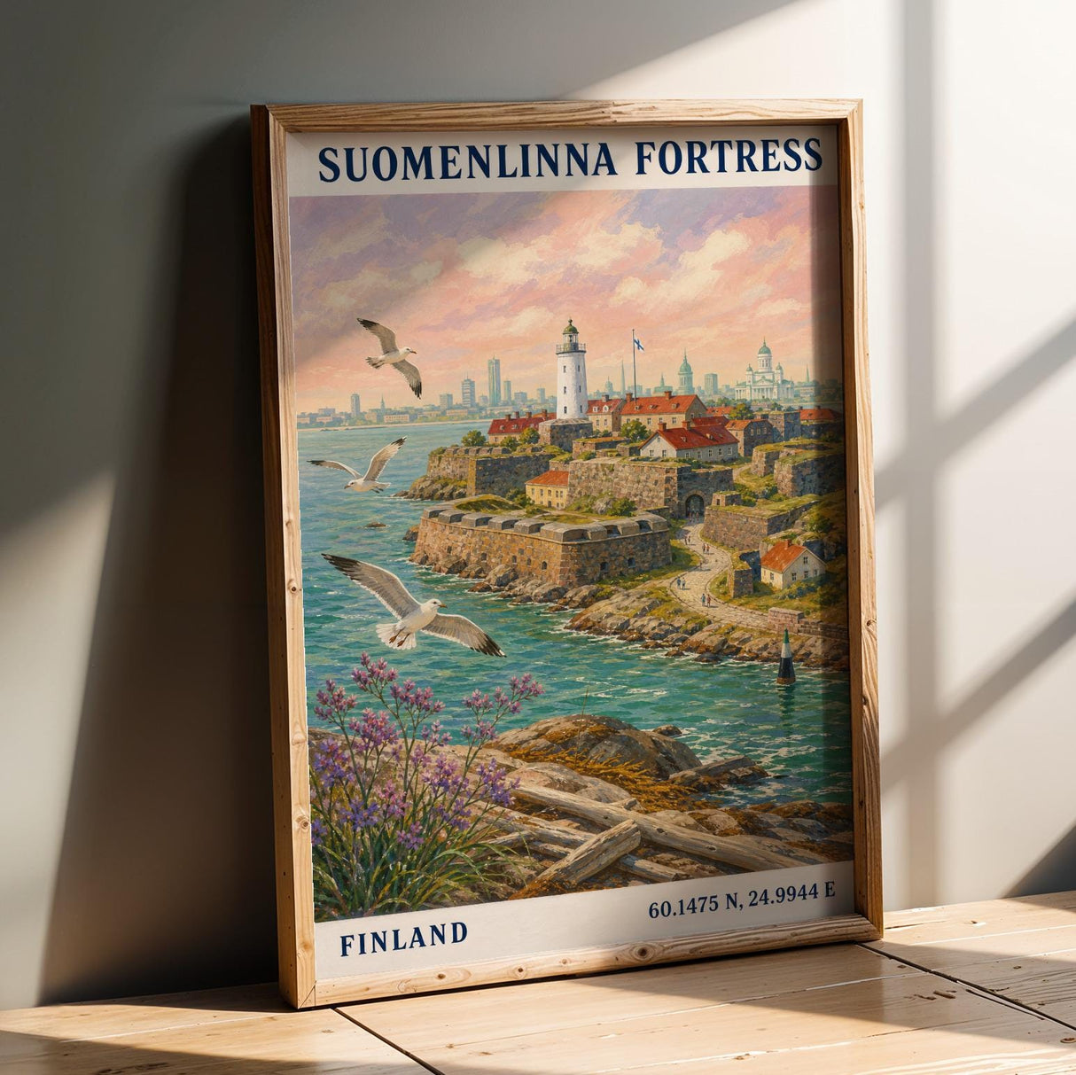 Suomenlinna Fortress Art Print - Modern Gouache, Teal and Turquoise Seascape
