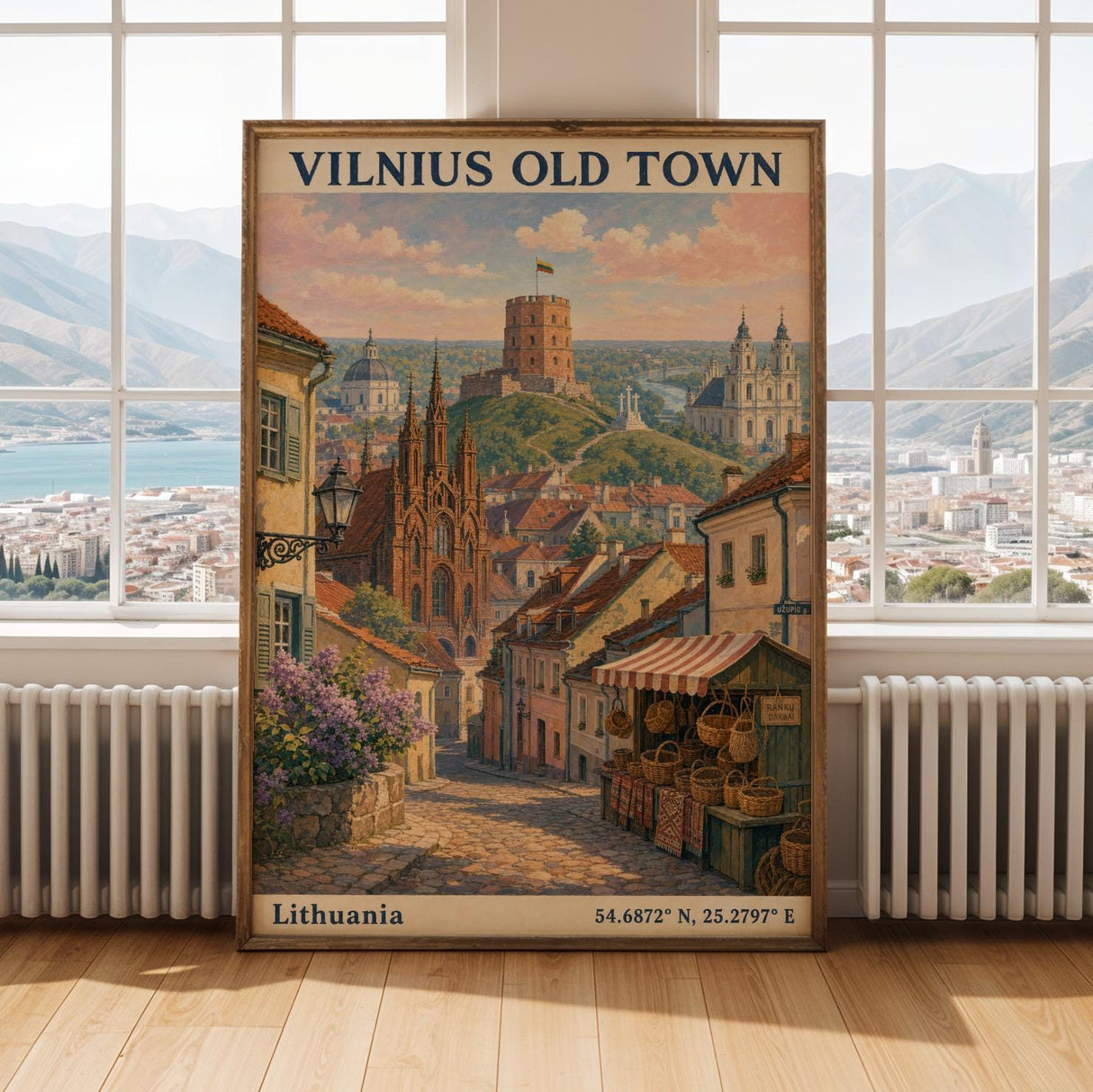 Vilnius Old Town Art Print - Modern Gouache-Vintage, Navy Blue and Terracotta Orange
