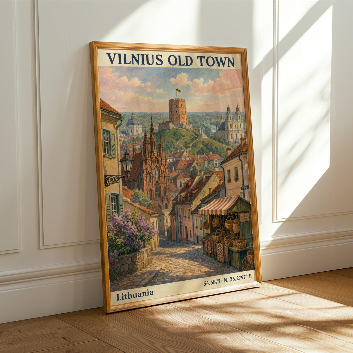 Vilnius Old Town Art Print - Modern Gouache-Vintage, Navy Blue and Terracotta Orange