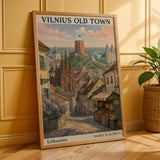 Vilnius Old Town Art Print - Modern Gouache-Vintage, Navy Blue and Terracotta Orange