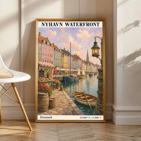 Nyhavn Copenhagen Travel Poster | Modern Denmark Wall Art Print | Navy Blue Waterfront Cityscape | Scandinavian Harbor Decor