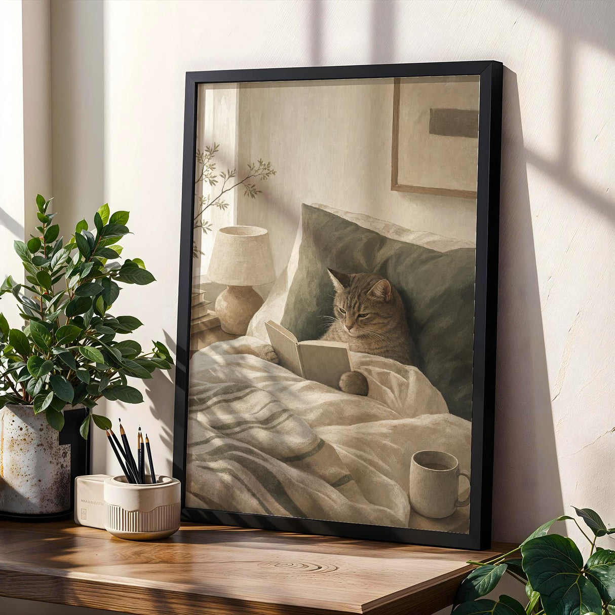 Scandinavian Cat Reading in Bed Poster | Modern Gouache Cat Wall Art | Warm Beige Faded Olive Decor | Cozy Nordic Bedroom Print