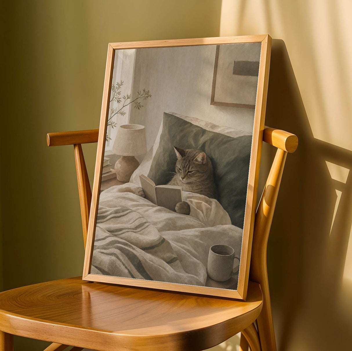 Scandinavian Cat Reading in Bed Poster | Modern Gouache Cat Wall Art | Warm Beige Faded Olive Decor | Cozy Nordic Bedroom Print