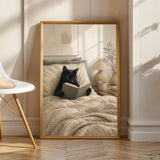 Black Cat Reading in Bed Poster | Modern Minimalist Cat Wall Art | Cozy Bedroom Decor Print | Neutral Contemporary Home Art | Cat Lover Gift