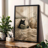 Black Cat Reading in Bed Poster | Modern Minimalist Cat Wall Art | Cozy Bedroom Decor Print | Neutral Contemporary Home Art | Cat Lover Gift
