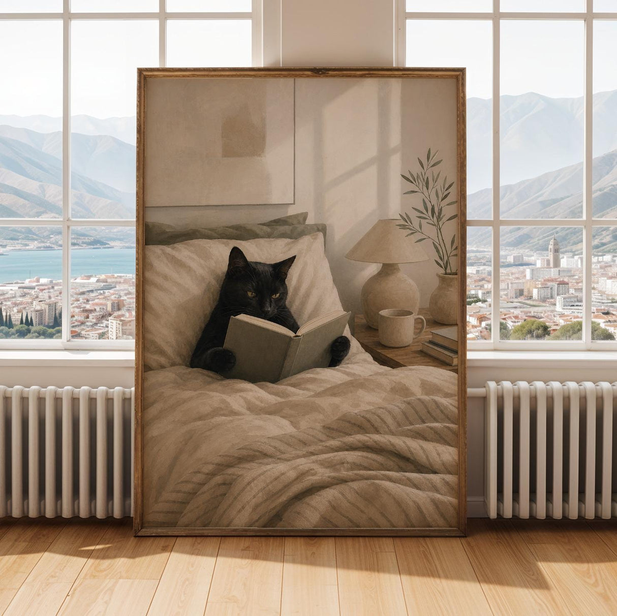 Black Cat Reading in Bed Poster | Modern Minimalist Cat Wall Art | Cozy Bedroom Decor Print | Neutral Contemporary Home Art | Cat Lover Gift