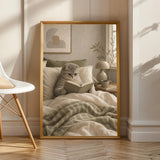 Scottish Fold Cat Reading in Bed Poster | Modern Gouache Cat Wall Art | Warm Beige Oat Milk Decor | Cozy Minimalist Bedroom Print