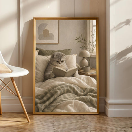 Scottish Fold Cat Reading in Bed Poster | Modern Gouache Cat Wall Art | Warm Beige Oat Milk Decor | Cozy Minimalist Bedroom Print
