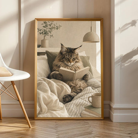 Maine Coon Cat Reading in Bed Poster | Scandinavian Gouache Cat Wall Art | Warm Beige Oat Milk Decor | Cozy Nordic Bedroom Print