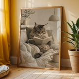 Maine Coon Cat Reading in Bed Poster | Scandinavian Gouache Cat Wall Art | Warm Beige Oat Milk Decor | Cozy Nordic Bedroom Print