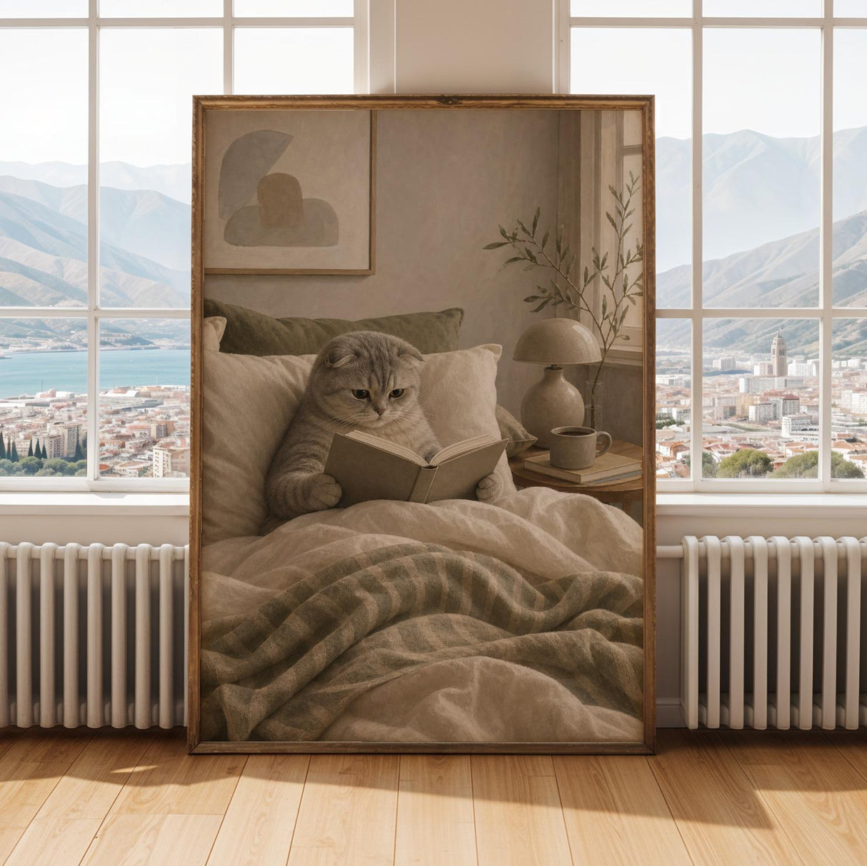 Scottish Fold Cat Reading in Bed Poster | Modern Gouache Cat Wall Art | Warm Beige Oat Milk Decor | Cozy Minimalist Bedroom Print