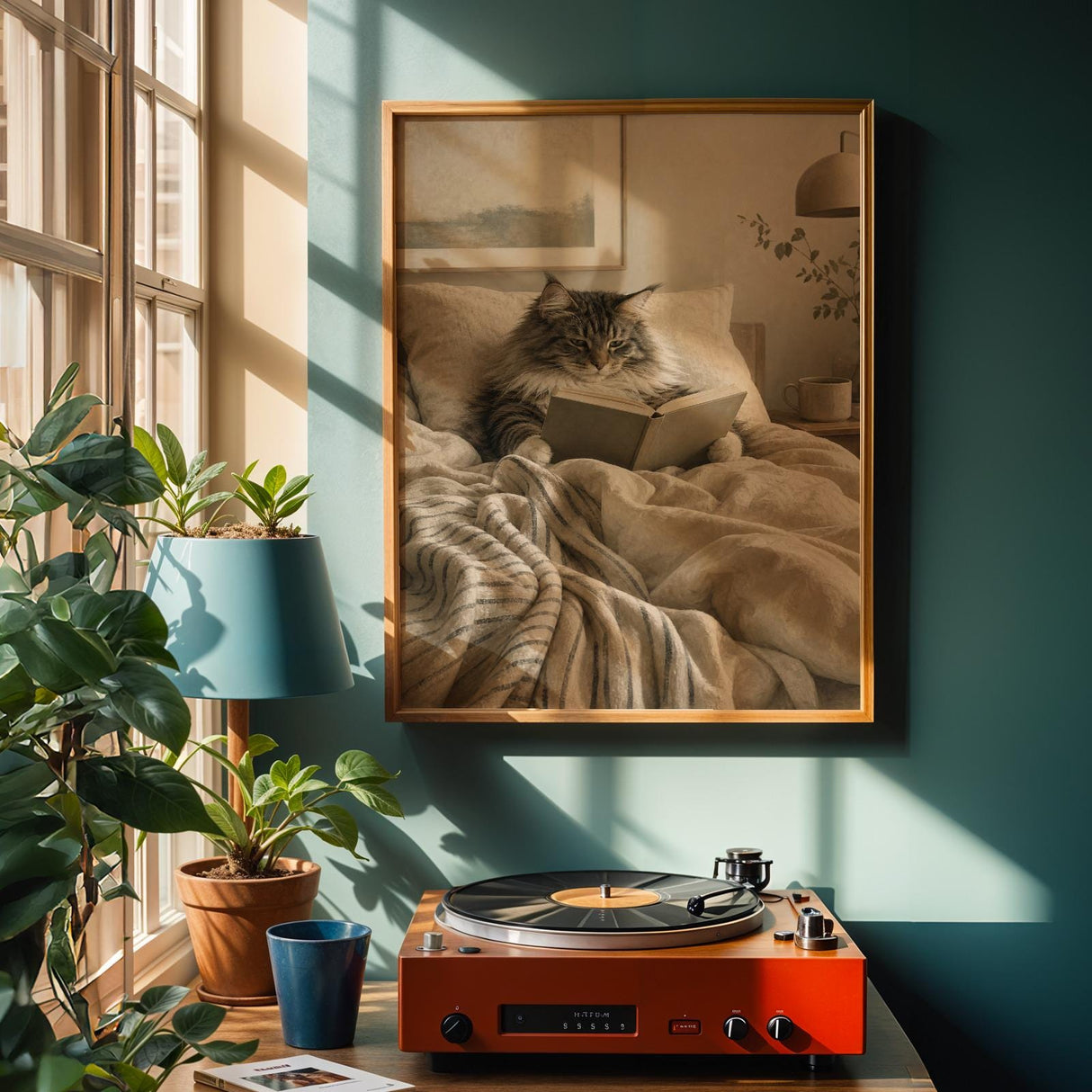 Norwegian Forest Cat Reading in Bed Poster | Modern Gouache Cat Wall Art | Warm Beige Charcoal Gray Decor | Cozy Bedroom Reading Nook Print